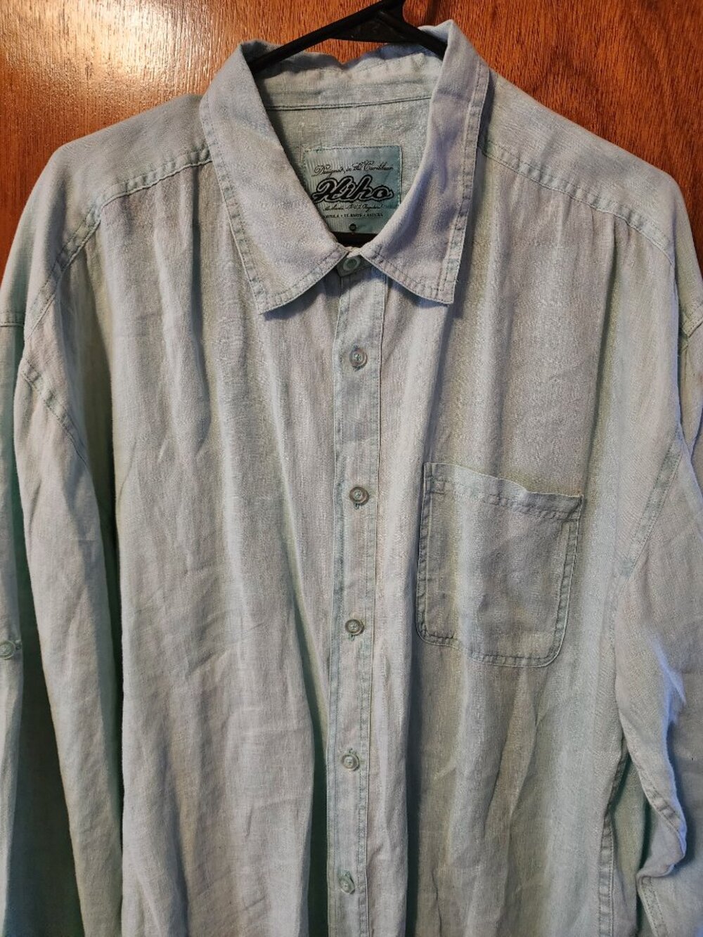 Men's 2XL Hiho Green 100% Linen Long Sleeve Button Down Shirt